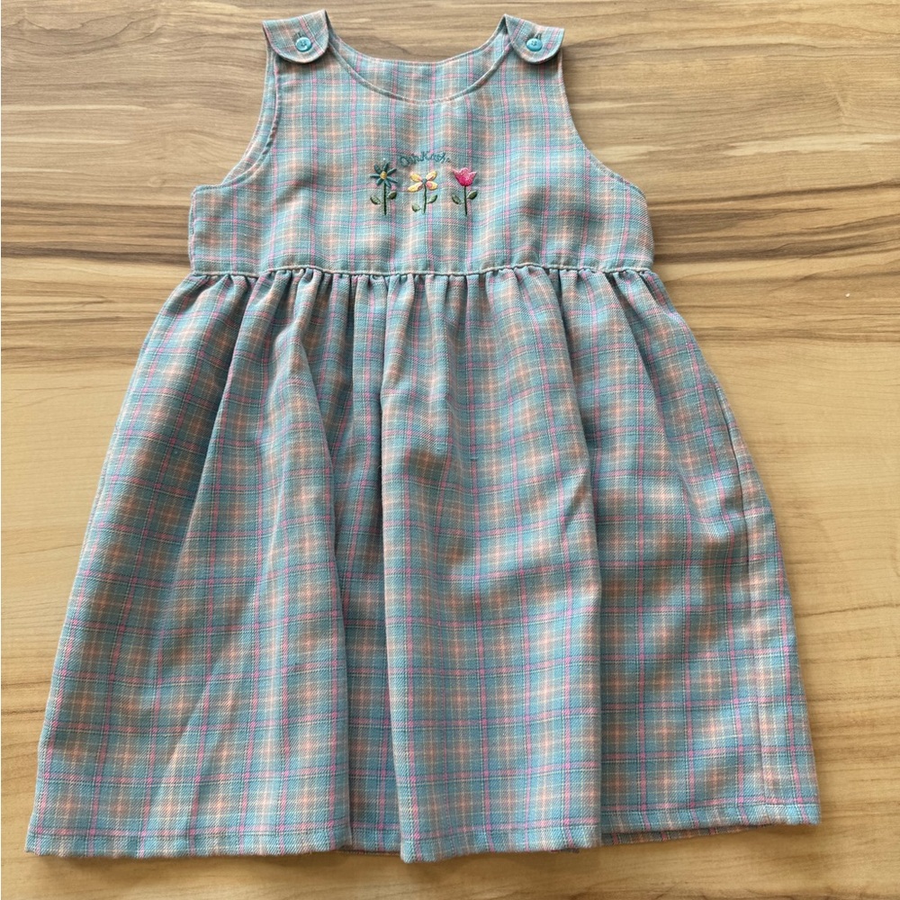 Vintage Oshkosh Plaid Sleeveless Dress with Embroidered Flowers